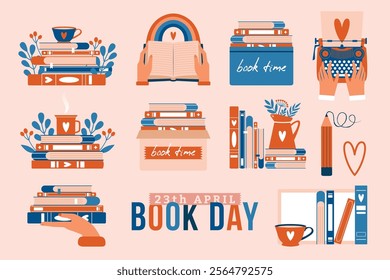 Collection vector clip arts with books, stack of book, hands, typewriter. Book Lover concept. Isolated illustration to World Book Day. Cozy stickers with cup on books in flat modern style.