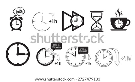 A collection of vector clock icons showcasing different styles and functions, including analog, digital, and spring-forward adjustments.