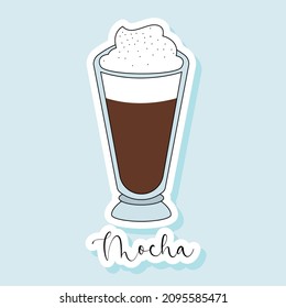 Collection of vector of coffee drinks stickers. Coffee types, variety of beverages. Vector mocha clipart design. Latte, americano, take away, espresso, mocha, cappuccino template