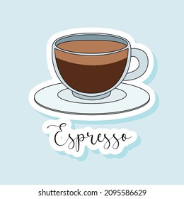 Collection of vector of coffee drinks stickers. Coffee types, variety of beverages. Vector espresso clipart design. Latte, americano, take away, espresso, mocha, cappuccino template