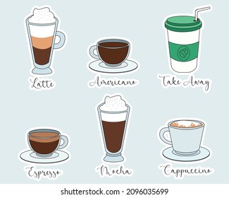 Collection of vector of coffee drinks stickers. Coffee types, variety of beverages. Vector coffee set of clipart design. Latte, americano, take away, espresso, mocha, cappuccino template