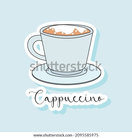 Collection of vector of coffee drinks stickers. Coffee types, variety of beverages. Vector cappuccino. Latte, americano, take away, espresso, mocha, cappuccino template