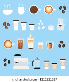 Collection of vector coffee icons and illustrations of a latte, mocha, macchiato, cappuccino, hot chocolate, mugs, and more
