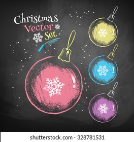 Collection of vector color chalk drawn sketches of Christmas balls.