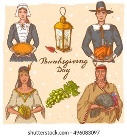Collection of vector color hand drawn illustrations of the native american man with turkey,woman with corn,pilgrim with turkey,pilgrim wife with pumpkin pie,grape,lantern.Thanksgiving Day set.