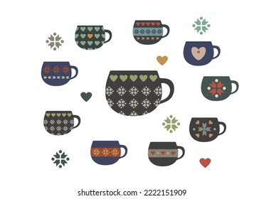 Collection of vector color mugs with scandinavian style inspired pattern

