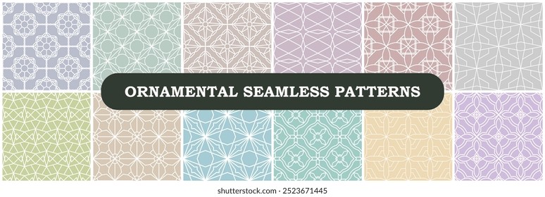 Collection of vector color seamless geometric ornament patterns - ornate beautiful creative contemporary backgrounds. Mosaic tile repeatable oriental prints
