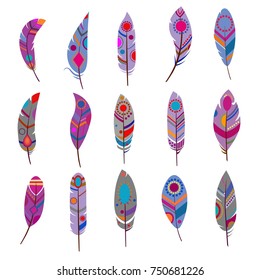 Collection of vector colored feathers. Colorful illustration in flat and cartoon design. Graphic elements for your design. White background.