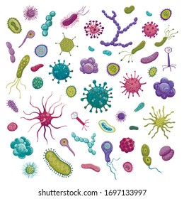 Collection of vector colored stylized drawings of bacteria and viruses