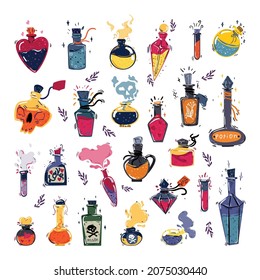 Collection of vector colorful bottles with potions, perfume and aroma oils. Magical flasks in a modern style.