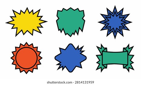 Collection of vector colorful burst shapes and starburst elements. Graphic price tags, sale labels, and comic style speech bubbles for marketing promotion, discount offers, and attention grabbing design. Flat modern illustration.
