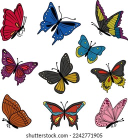 Collection of vector colorful cartoon butterflies. Illustration of flying beautiful butterflies