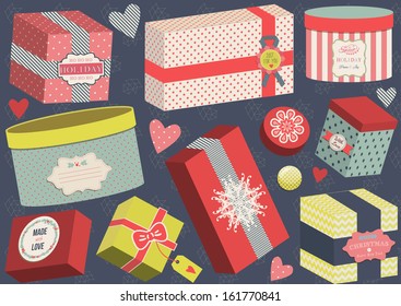 Collection of vector colorful Christmas present boxes on dark background