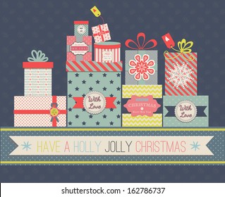 Collection of vector colorful Christmas present boxes. Holiday seamless greeting card.