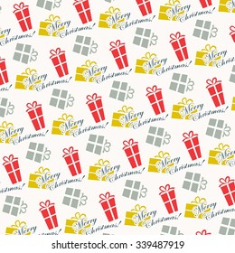 Collection of vector colorful Christmas present boxes. Holiday seamless pattern.