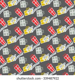 Collection of vector colorful Christmas present boxes. Holiday seamless pattern.
