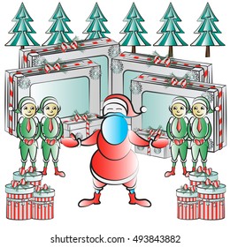 Collection of vector colorful Christmas present boxes. Santa Elves and lot of gifts