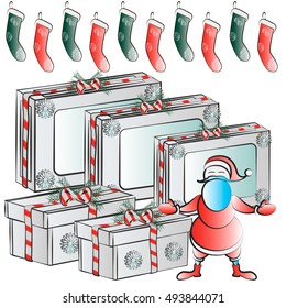 Collection of vector colorful Christmas present boxes. Santa Elves and lot of gifts