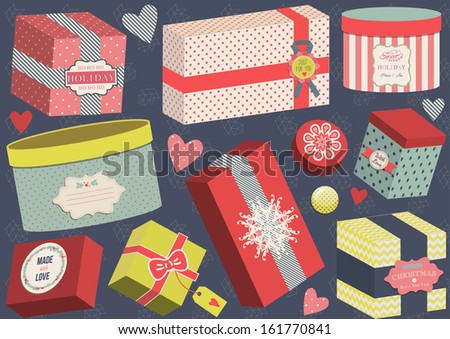 Collection of vector colorful Christmas present boxes on dark background
