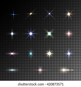 Collection of vector colorful flare light effects on transparent background. 