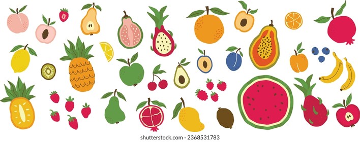 Collection of vector colorful fruits berries.. Tropical fruits, citrus fruits. Graphic elements for design