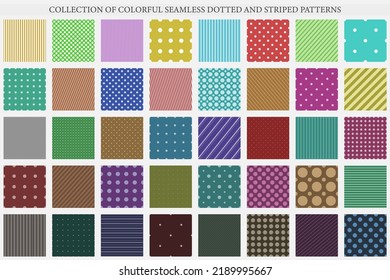 Collection of vector colorful geometric seamless patterns. Simple dotted and striped textures - repeatable unusual backgrounds. Textile endless prints