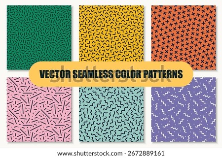 Collection of vector colorful geometric seamless patterns with shapes and symbols. Repeatable unusual trendy backgrounds in fashion retro style 80-90s. Vintage endless prints