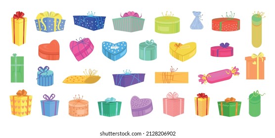 Collection of vector colorful gift boxes with ribbons and bows.