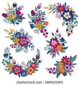 Collection of vector colorful natural floral compositions with flowers and leaves, beautiful bouquets on white background
