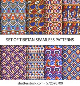 Collection of vector colorful pixel seamless patterns with Tibet ethnic ornament
