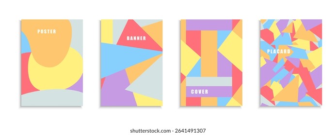 Collection of vector colorful posters with abstract geometric shapes. Art funky creative covers fashion style - retro design 80s-90s. Bright trendy placards, brochures, banners,backgrounds
