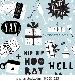 Collection of vector colorful present boxes, hand lettering. Holiday or birthday greeting card, trendy seamless pattern