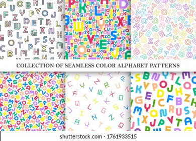 Collection of vector colorful seamless alphabet patterns. Stylish bright backgrounds with multicolor latin letters.