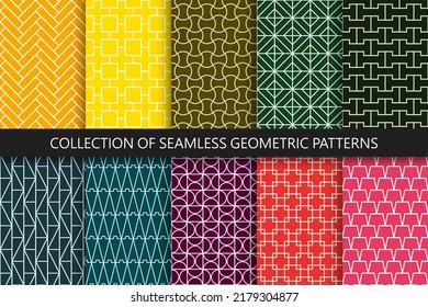 Colección de patrones ornamentales geométricos sin costura vectorial coloridos. Colectiva interminables antecedentes orientales. Impresiones repetibles luminosas.