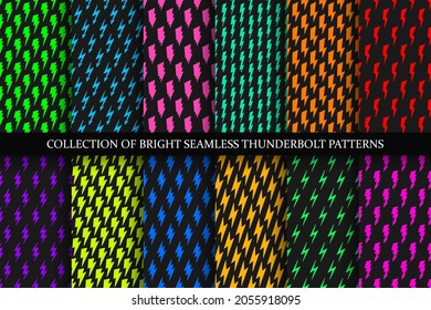 Collection of vector colorful seamless patterns with flash symbols. Bright multicolor endless design. Vibrant repeatable backgrounds