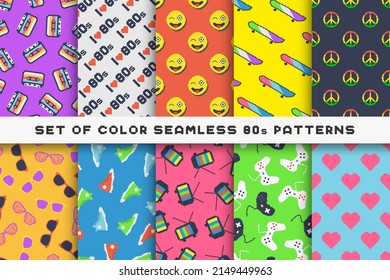 Colección de patrones retro sin costura vectorial coloridos - estilo de moda 80 - 90s. Resumen de los antecedentes de moda. Impresiones interminables de color brillante