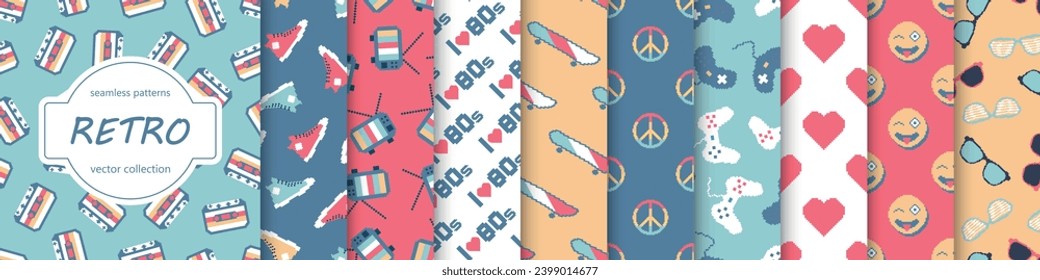 Collection of vector colorful seamless retro symbol patterns - fashion style 80 - 90s. Abstract trendy backgrounds. Bright vintage endless prints 