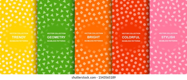 Collection of vector colorful seamless simple patterns. Bright stylish textures with randomly disposed shapes. Repeating abstract minimalistic backgrounds. Trendy hipster prints