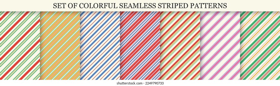 Collection of vector colorful striped seamless patterns - vintage design. Simple geometric textures - repeatable linear backgrounds. Textile endless prints