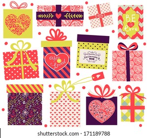 Collection of vector colorful Valentine's Day present boxes. Holiday seamless pattern.