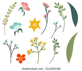 Collection of vector colors to create an individual design. Twigs, flower, flowering trees, leaves. Botanical set for creating templates, postcards, posters, business cards. Delicate spring shades.