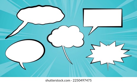 collection of vector comic and manga speech bubbles in various shapes and sizes including round, square, thought and exclamation, perfect for adding dialogue to comics, manga, and graphic novels.