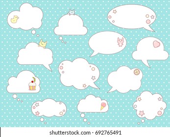 Collection of vector comic speech bubbles with cute rabbits and duck, in kawaii style. On background with dots pattern. EPS8