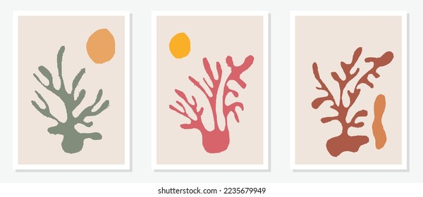 Collection vector of contemporary aesthetic posters and minimal abstract elements in different colors on isolated frames. Abstract pattern of organic lines, simple wallpaper-inspired by Matisse Style.