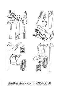 Collection of vector contours of various tools in black-and-white execution