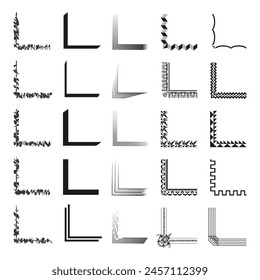 Colección de diseños de esquinas de Vector. Varios Elementos de borde decorativos negros. Elegante conjunto de adornos de página. Versátiles adornos de esquina.