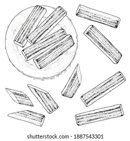 Collection of vector crab sticks. Surimi appetizer set, artificial imitation. Hand-drawn sketches. Vintage style engraving. Food on a platter. Isolated objects on a transparent background