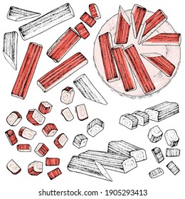 Collection of vector crab sticks. Surimi appetizer set, artificial imitation. Hand-drawn color sketches. Vintage style engraving. Food a platter. Isolated objects on a transparent background. Top view