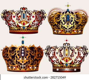 Collection of vector crowns in gold with pearls and stones. Colorful crowns for  your heraldic  projects. See more in my portfolio
