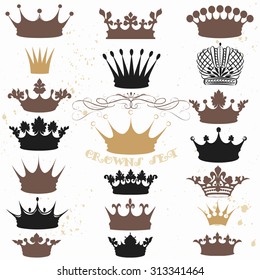 A collection of vector crowns silhouettes in vintage style. Ideal for heraldic, labels, menu, royal logos and other projects